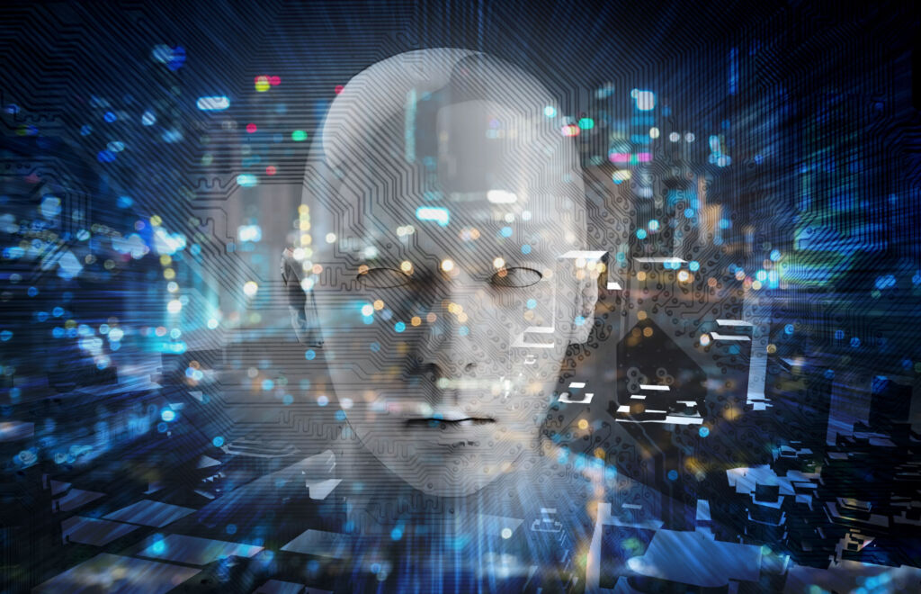 Sechs Prozent der Deutschen Unternehmen nutzen KI-Technologien 1 Internet of things Disruption everything , neural network , deep learning , artificial intelligence concept. 3d rendering of robot face , blue bokeh and building abstract background.