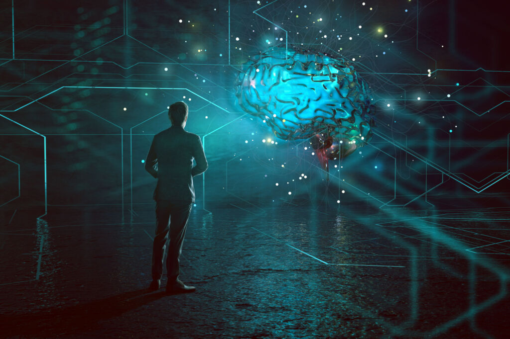 Künstliche Intelligenz am Fließband 1 Mann steht vor künstlicher Intelligenz