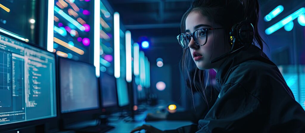 Nonconformist Teenage Hacker Girl Using Computer for Attacking Corporate Servers with malware Room is Dark Neon and Has Many Displays. Copy space image. Place for adding text 1