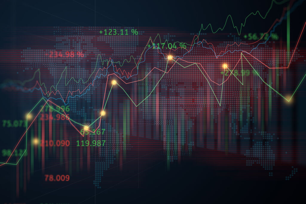 Mehrheit der Industrieunternehmen geht gestärkt aus der Krise 1 Stock market or forex trading graph with map world representing 1