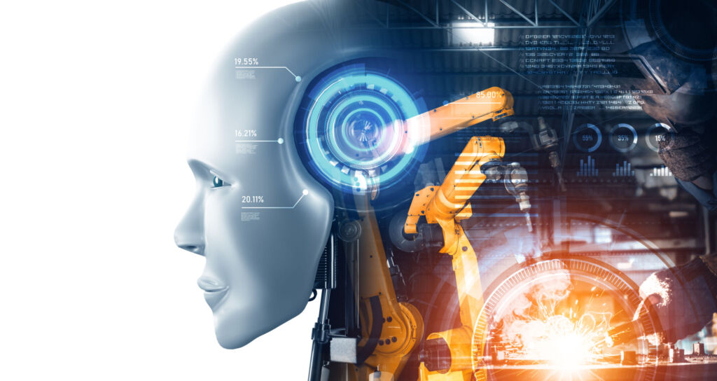 Deutsche Industrie setzt auf KI und Nachhaltigkeit 1 XAI Mechanized industry robot and robotic arms double exposure image. Concept of artificial intelligence for industrial revolution and automation manufacturing process in future factory.