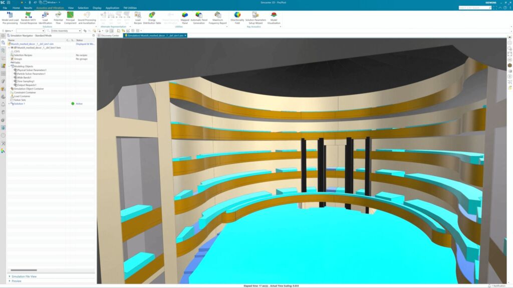 Das Nationaltheater als digitaler Zwilling 3 Die Simulation „Sound of Science“ kann das Echo und den Nachhall eines Tons im 3D-Modell messen und simulieren, wie sich Schallwellen in einem Raum ausbreiten.
