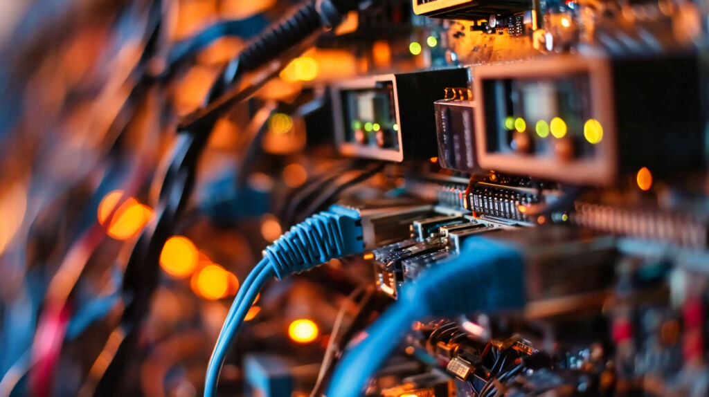 Netzwerke mit Selbstheilungskräften 1 Industrial Networking Hardware Close up of electronic networking equipment and cables representing the essential hardware for modern industrial communication