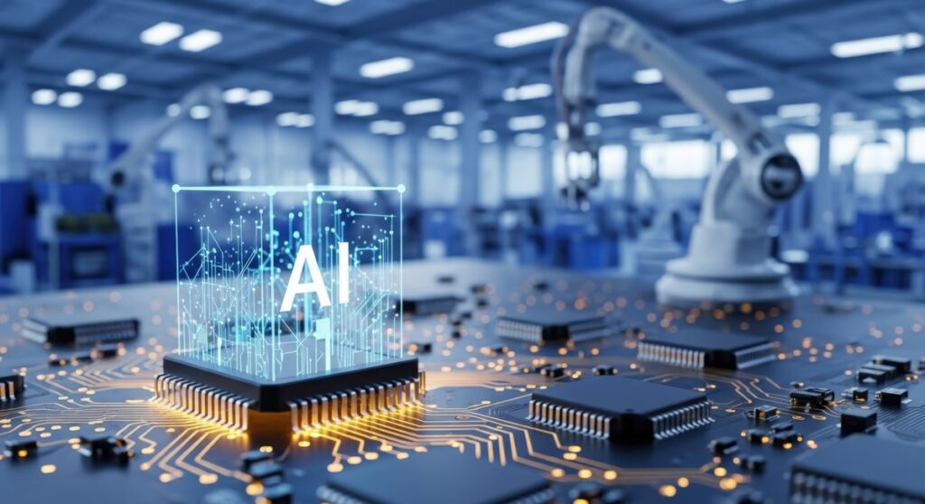 Itac ist neues Mitglied im SEF 1 AI artificial intelligence technology concept. Machine learning deep learning industry 4.0 automation. Robotic arm in factory CPU chip on circuit board. Future of manufacturing innovation