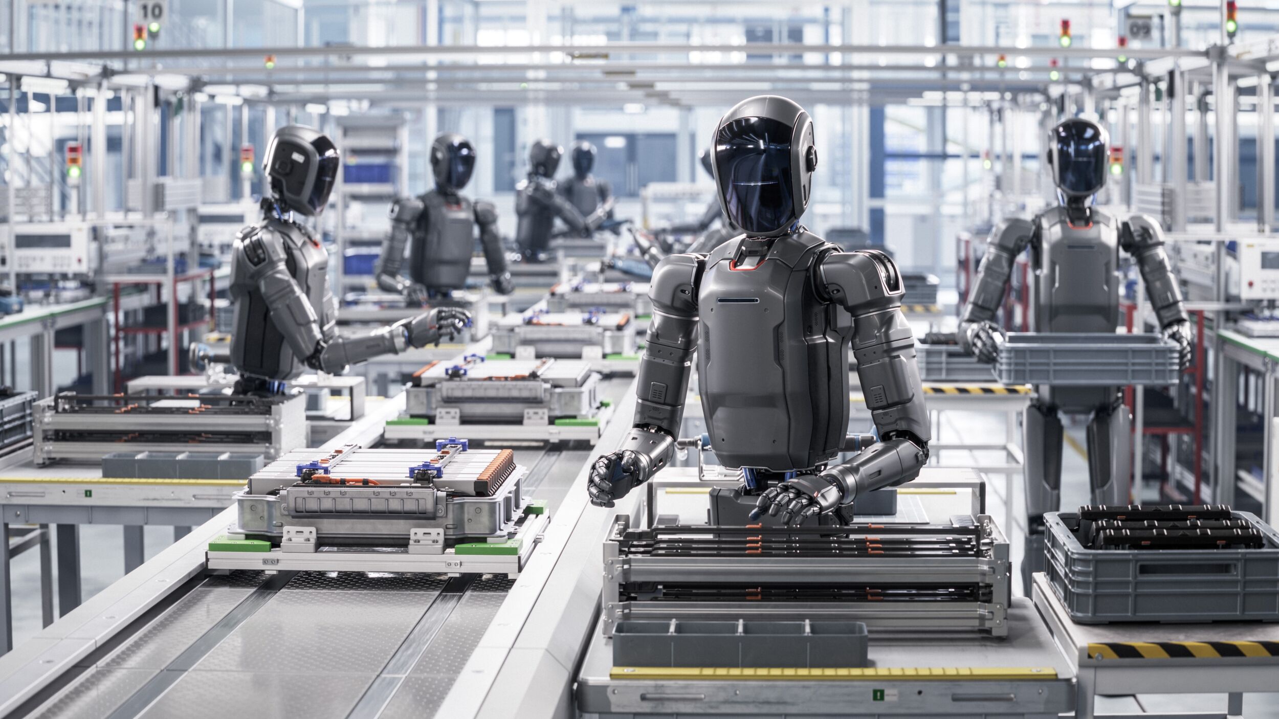 Was die industrielle Robotik über humanoide Roboter lehrt 3 3D Render Portrait of Advanced Humanoid Robot in Industrial Environemnt. Industrial Automation AI Accelerated Autonomous AI Powered Humanoid Robots Work at Factory on Assembly Line