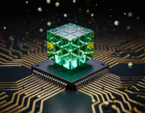 Quantenwuerfel auf Mikrochip %E2%80%93 Symbol fuer Post Quantum Kryptografie