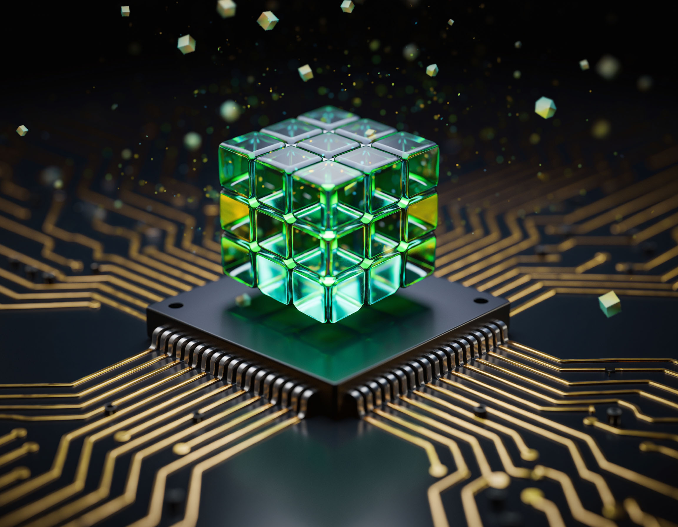 Quantenwuerfel auf Mikrochip %E2%80%93 Symbol fuer Post Quantum Kryptografie