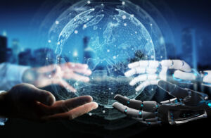 Robot hand and human hand touching digital world 3D rendering
