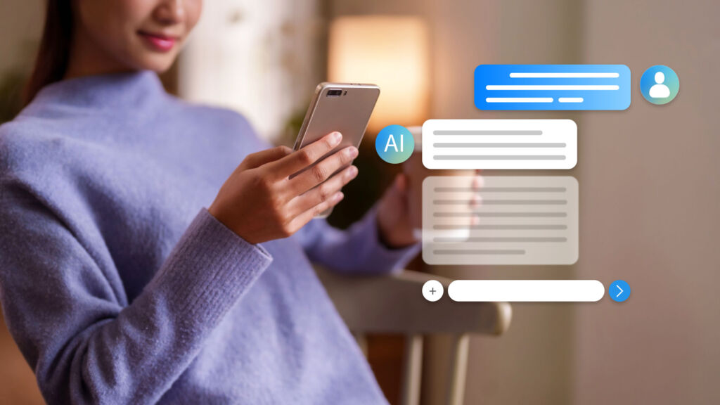 Künstliche Intelligenz: Dein Helfer, nicht Dein Freund 1 Asian women using smartphone mobile app chatting with AI chatbot artificial intelligence technology conversation messaging interface digital assistant online