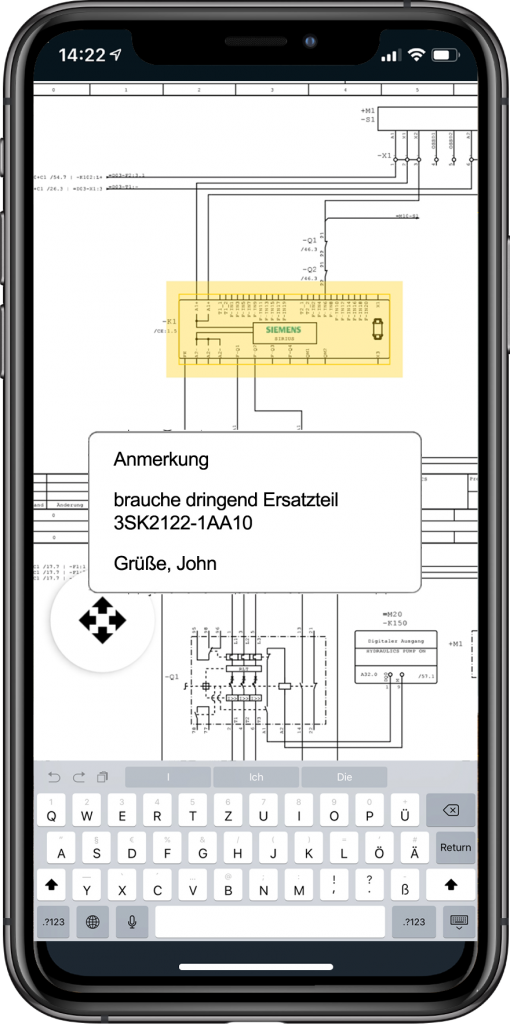 App statt Ausdruck 1 Im Informationsbereich zeigt die AR-App von WSCAD das Bauteil im Schaltplan an, über die Kommentarfunktion können Notizen zu den Bauteilen eingefügt werden.