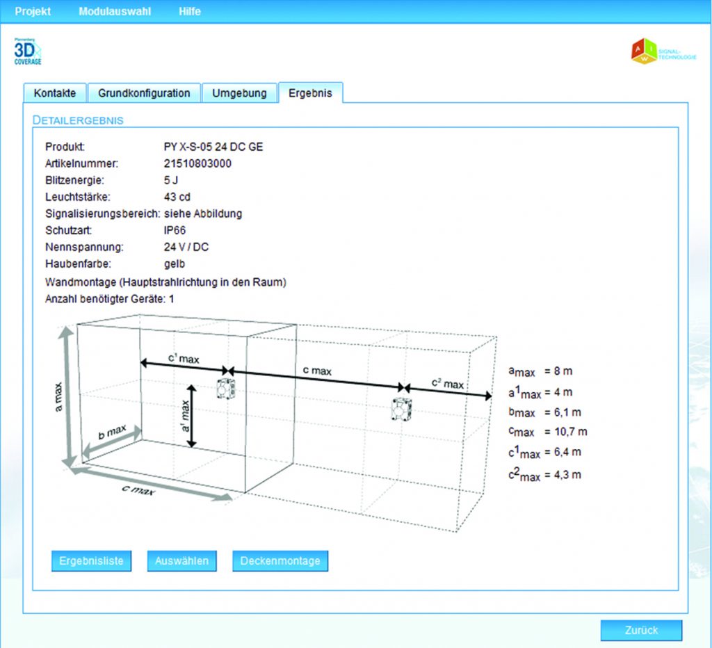 Normgerecht und wirtschaftlich 3 Die Detailansicht einer optischen Maschinenalarmierung zeigt
den maximal signalisierten Raum sowie die Montageposition
(hier Wandmontage) einer Pyra-Blitzleuchte.