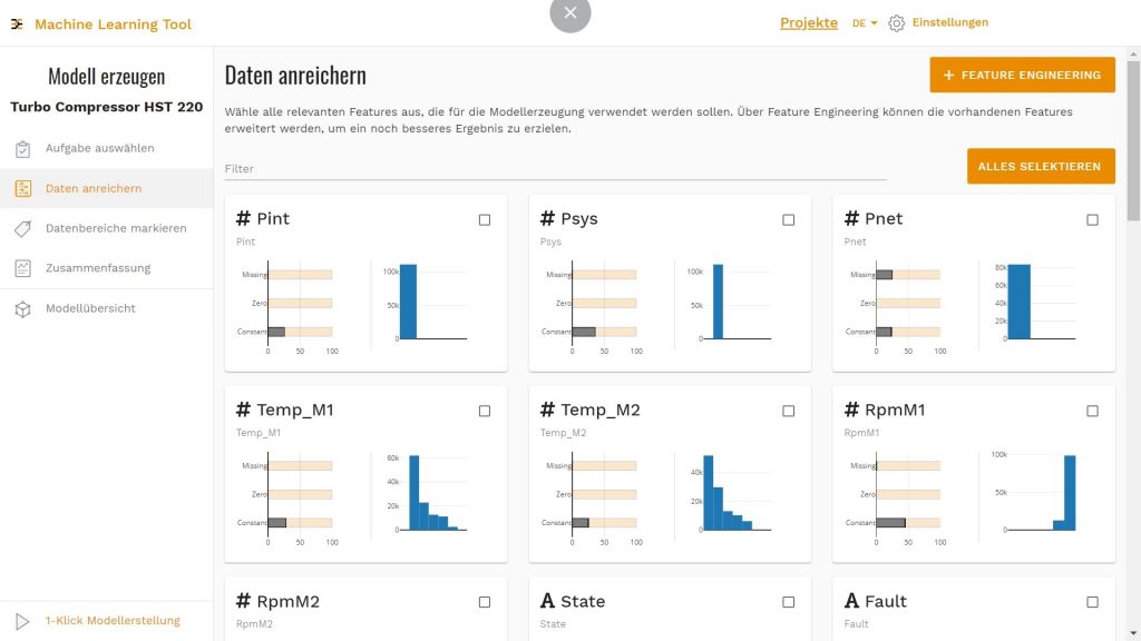 Datenanalyse und Modellbildung 2 Weidmüller Automated Machine Learning Tool: Visualisierung der Rohdaten in einer Kachelansicht.