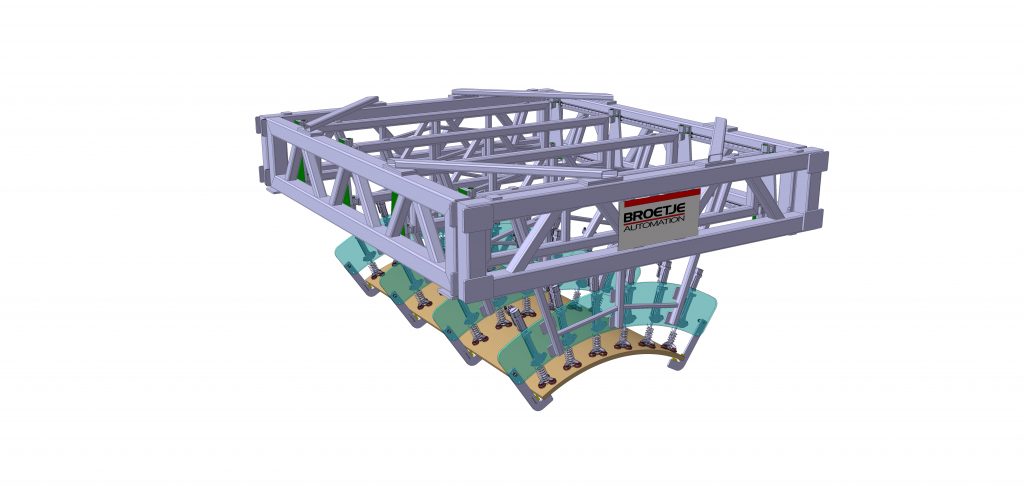 Ohne Kabelsalat 2 Die Dacheinheit der Fügevorrichtung besteht aus vier Schablonen mit jeweils 10 Lineareinheiten mit der dezentralen, schaltschranklosen Antriebstechnik IndraDrive Mi von Bosch Rexroth.