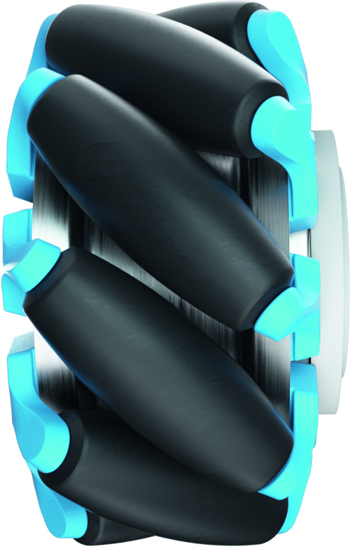 Zykloidgetriebe 1 Antriebeinheit mit Mecanum-Rad von Nabtesco. Dank ihrer besonderen Konstruktionsweise können sich Mecanum-Räder ohne Wendekreis frei in alle Richtungen bewegen und drehen.