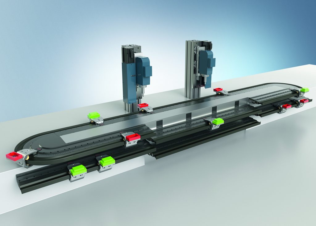 Neue Lösungsansätze für den Maschinenbau 3 Das Track Management ermöglicht durch das
Ein- und Ausschleusen einzelner Mover eine sehr hohe Flexibilität des primären XTS-Systems (oben) und damit sowohl Wartungsarbeiten als auch Werkzeugwechsel ohne die sonst üblichen Stillstandzeiten.