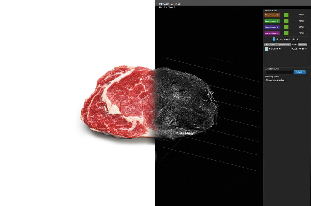 Gramm-genau 1 Objekte wie Fleisch, Fisch, Obst oder Gemüse lassen sich mit der 3D-Technologie vermessen und per 3D-Punktewolke mikrometergenau virtuell abbilden, um beispielsweise dessen Volumen genau zu berechnen.