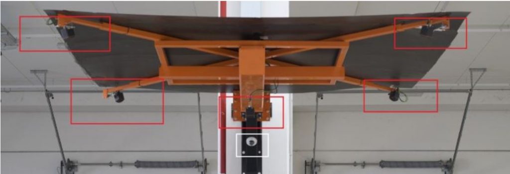 Palettenvolumen per 3D 1 Einbau der fünf O3D3O3-Kameras über Kreuz auf
den Metallarmen (rot) und der Kamera (weiß)