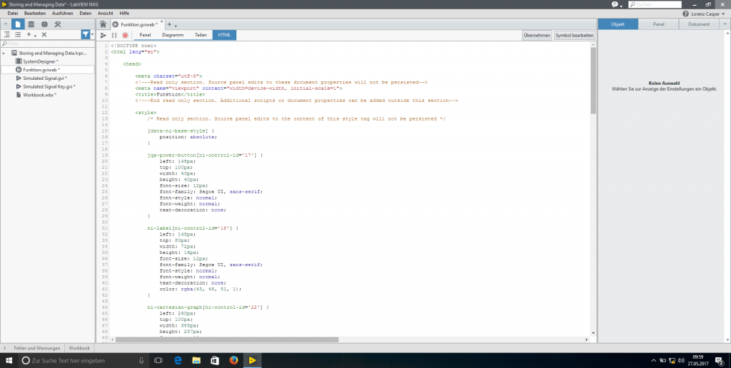 Generationswechsel 4 Neben Diagramm und Panel sieht man im WebVI direkt den HTML und Java-Script Code der automatisch erstellt wird.