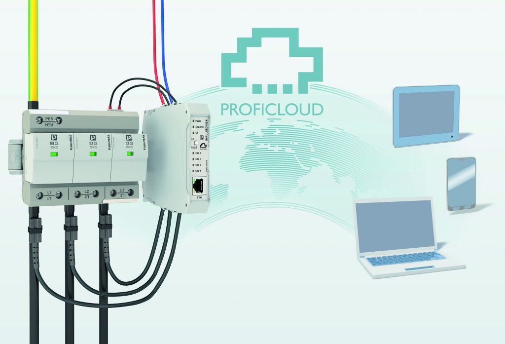 Fit für das Internet der Dinge 2 Das ImpulseCheck-System liefert Daten zu Stoßströmen und transienten Überspannungen in die Proficloud und ermöglicht die Beurteilung des State of Health (SoH) des überwachten SPDs.