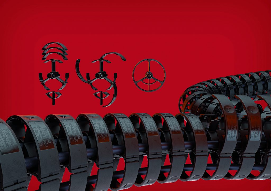 Energieführungskette werkzeuglos konfektionieren 1 Mithilfe des Schnappverschlusses benötigen Anwender kein Werkzeug zur Öffnung oder Schließung der Energiekette Robotrax.