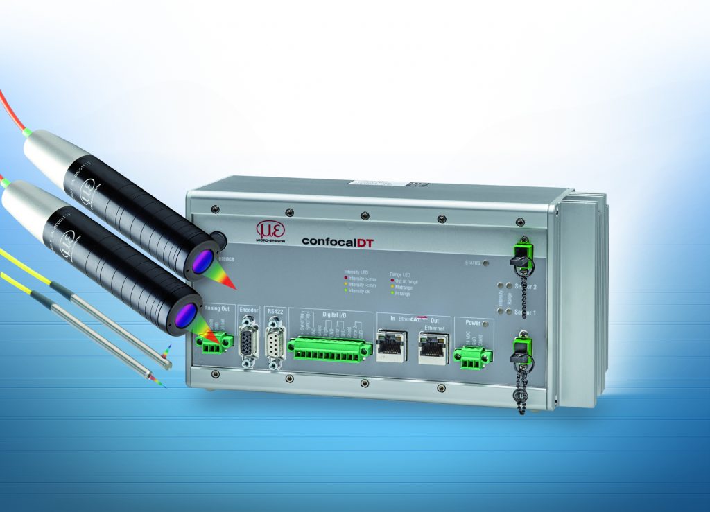 Zweikanalige konfokale Dickenmessung 1 Eine spezielle Rechenfunktion im Controller ermöglicht die Verrechnung und Mittelung der beiden Kanäle, z.B. zur Bestimmung des Dickenwertes.