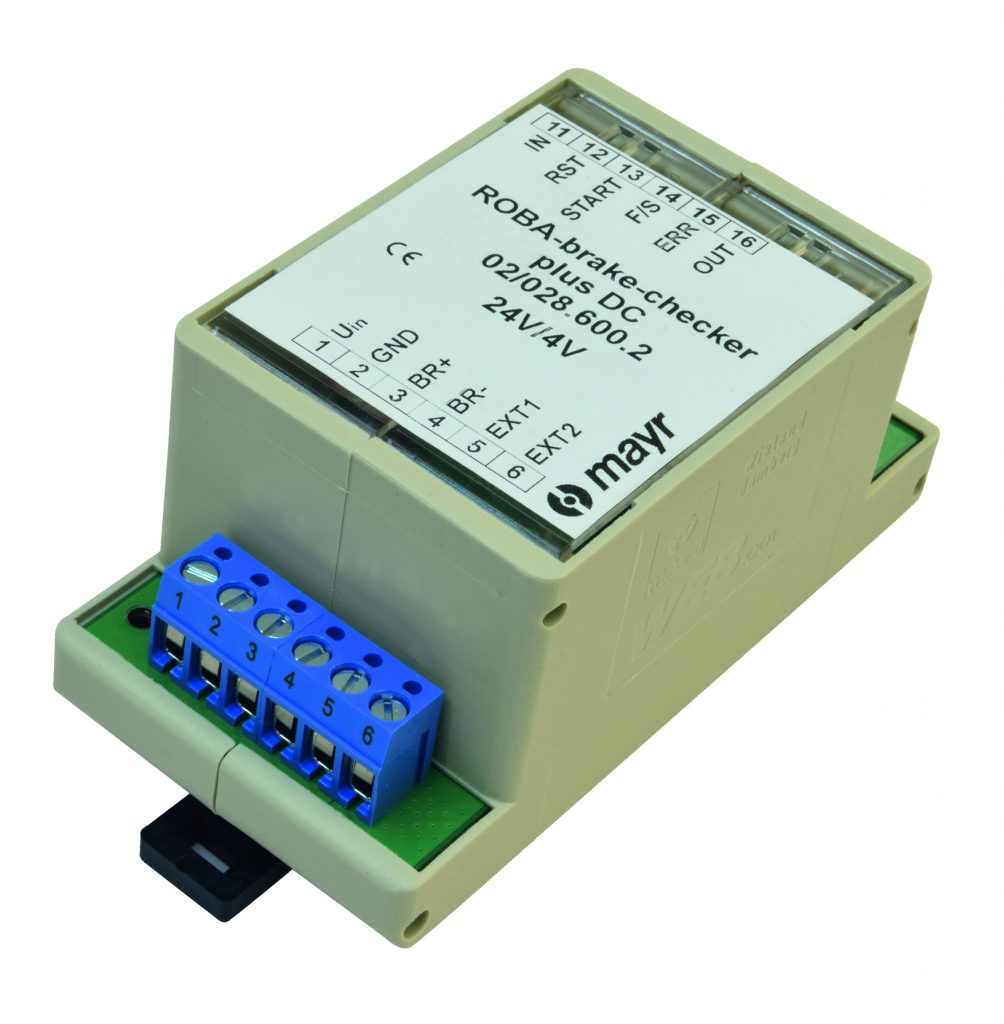 Bremse sensorlos überwachen 1 Das Modul Roba-Brake-Checker von Mayr Antriebstechnik kann Sicherheitsbremsen sensorlos überwachen und versorgen. Es lässt sich einfach und schnell in Maschinen und Anlagen integrieren bietet hohe Zuverlässigkeit.
