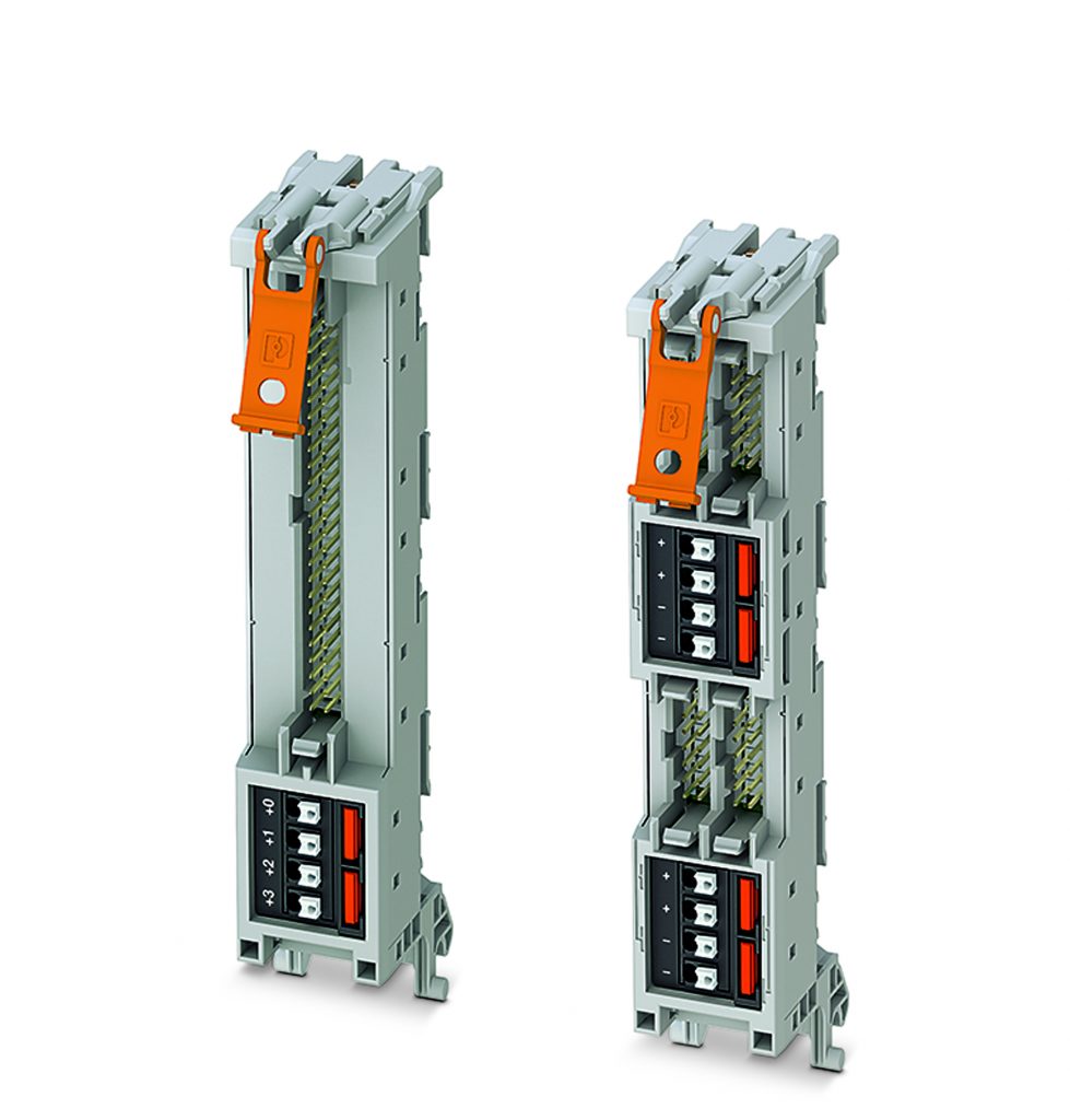 Auch in Zukunft schnell, sicher und fehlerfrei ankoppeln 3 Frontstecker zur Rangierung digitaler E/As: Die Spannungsversorgung kann wahlweise über Push-in-Anschlussklemmen (im Bild zu sehen) oder mittels Schraubanschlussklemmen am Adapter eingespeist werden.