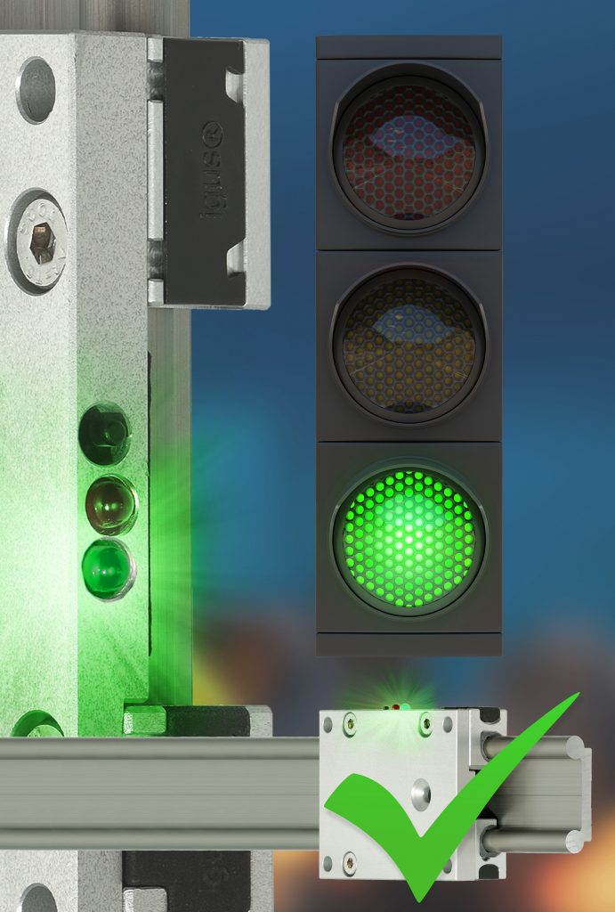 Wartung nach dem Ampelprinzip 1 Nach dem Ampelprinzip erfährt der Instandhalter jetzt über eine LED-Anzeige am Schlitten der drylin Linearführung, ob ein Wechsel der Gleitfolie ansteht.