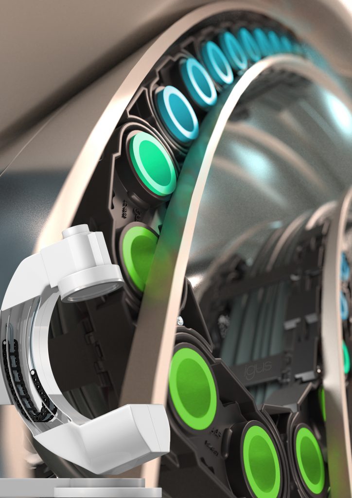 Energieketten-Konzept mit dynamischen Bolzen 1 Das lokchain-Prinzip: Automatisch ausfahrbare Bolzen (blau) halten die lokchain fest in der Führungsrinne. Klappt das Kettenglied in den Radius, so fährt der Bolzen automatisch ein (grün) und gibt die Kette frei. Aufgrund ihrer Flexibilität kann die e-kette zum Beispiel in einem C-Bogen-Röntgengerät eingesetzt werden.