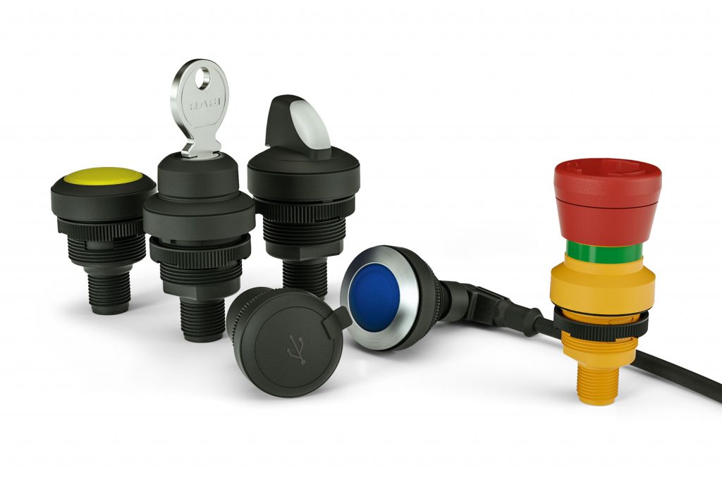 Taster und Schalter mit M12-Anschluss 1 Das RAMO-Programm umfasst Drucktaster, Signalleuchten, Not-Halt-, Wahl- und Schlüsselschalter mit M12-Anschluss sowie USB-3.0- und RJ45-Durchführungen.