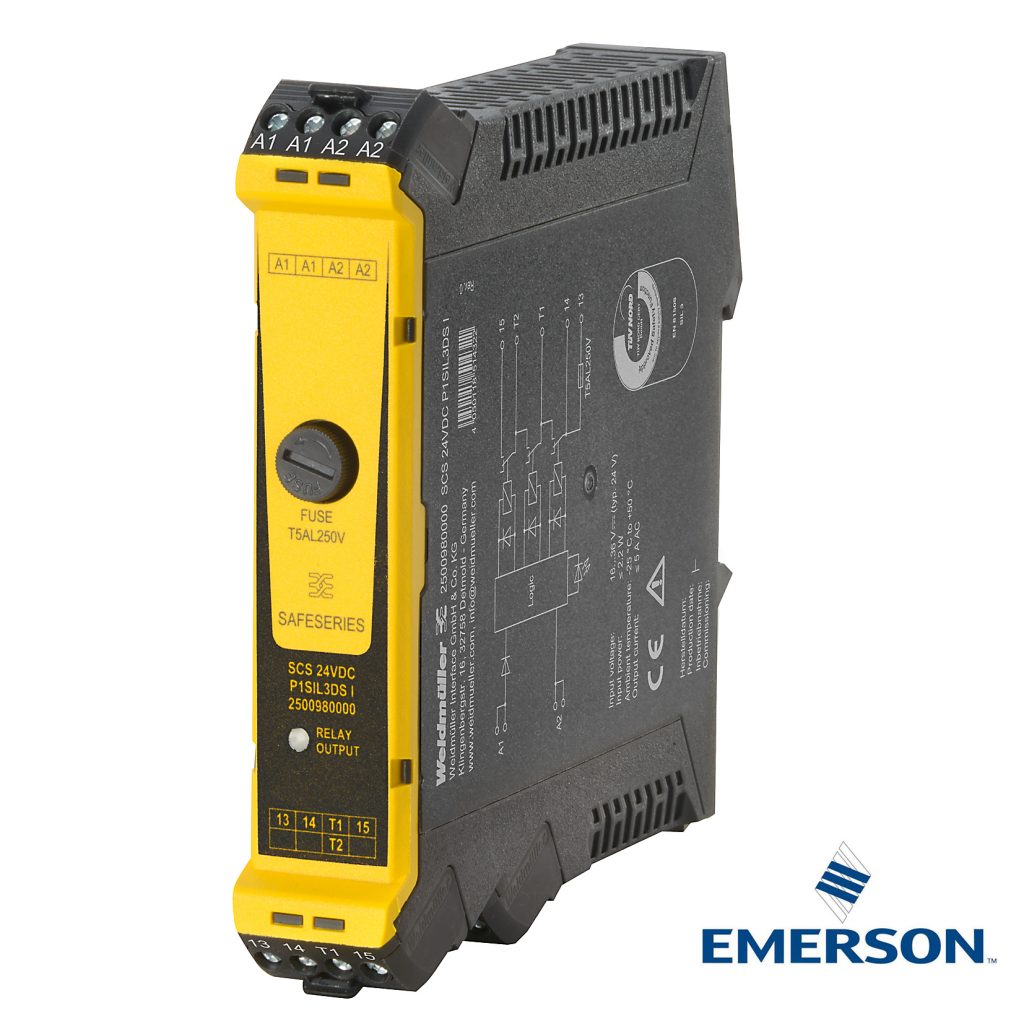 Sicherheitsrelais für den Einsatz in emerson Sicherheitssteuerungen 1 Weidmüller-Sicherheitsrelais 'SCS 24VDC P1SIL3DS I': Das Sicherheitsrelais ist auf einen Einsatz mit Emerson DeltaVTM-DCS-Systemen abgestimmt.