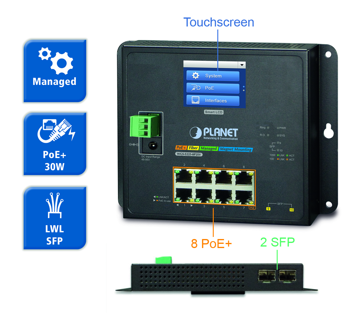 Administrierbarer PoE+-Switch mit integriertem Display