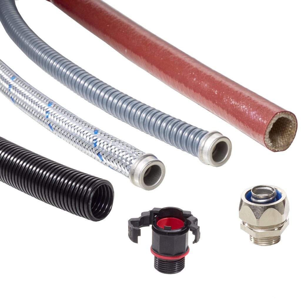 Montagefreundlicher Kabelschutz 1 „WISKA-Brace®-System“: Neben dem BraceFITTING aus Kunststoff besteht das Brace® System auch aus metallischen Schutzschlauchverschraubungen, sowie Schutzschläuchen aus Metall und Wellrohren aus Kunststoff sowie Geflechts- und Gewebeschläuche.