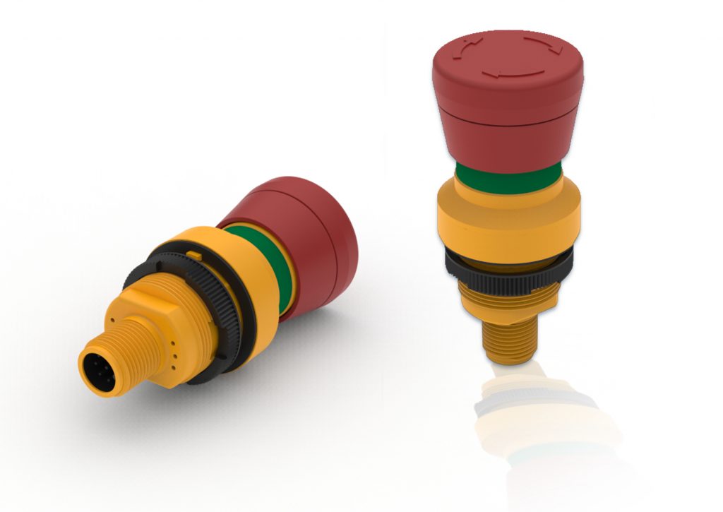 Montagefreundliche Nothaltschalter 1 Not-Halt-Schalter der Serie RAMO im einteilig geschlossenen Monogehäuse und montagefreundlichen M12-Steckverbindungen