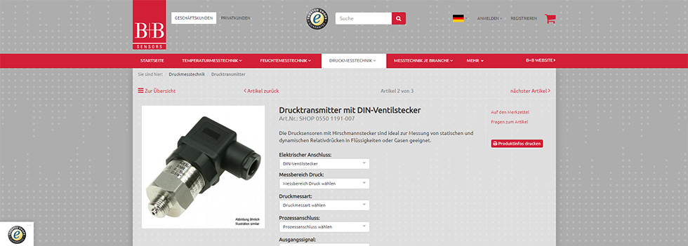 Produkt-Konfigurator im B+B Online-Shop