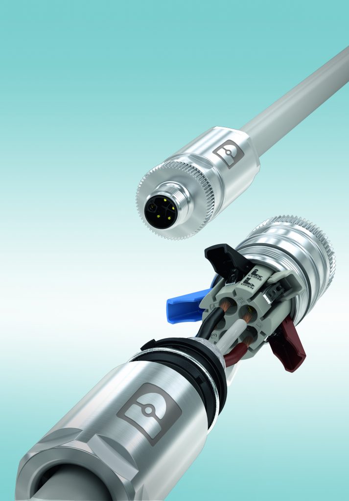 Push-Lock-Anschlusstechnik für M12 Power 1 Der Steckverbinder M12 Power ermöglicht mit seinem Push-Lock-Anschluss eine schnelle und komfortable Leistungsverkabelung ohne Werkzeug: Die Klemmkammern des Steckverbinders werden mittels Hebel geöffnet und geschlossen.