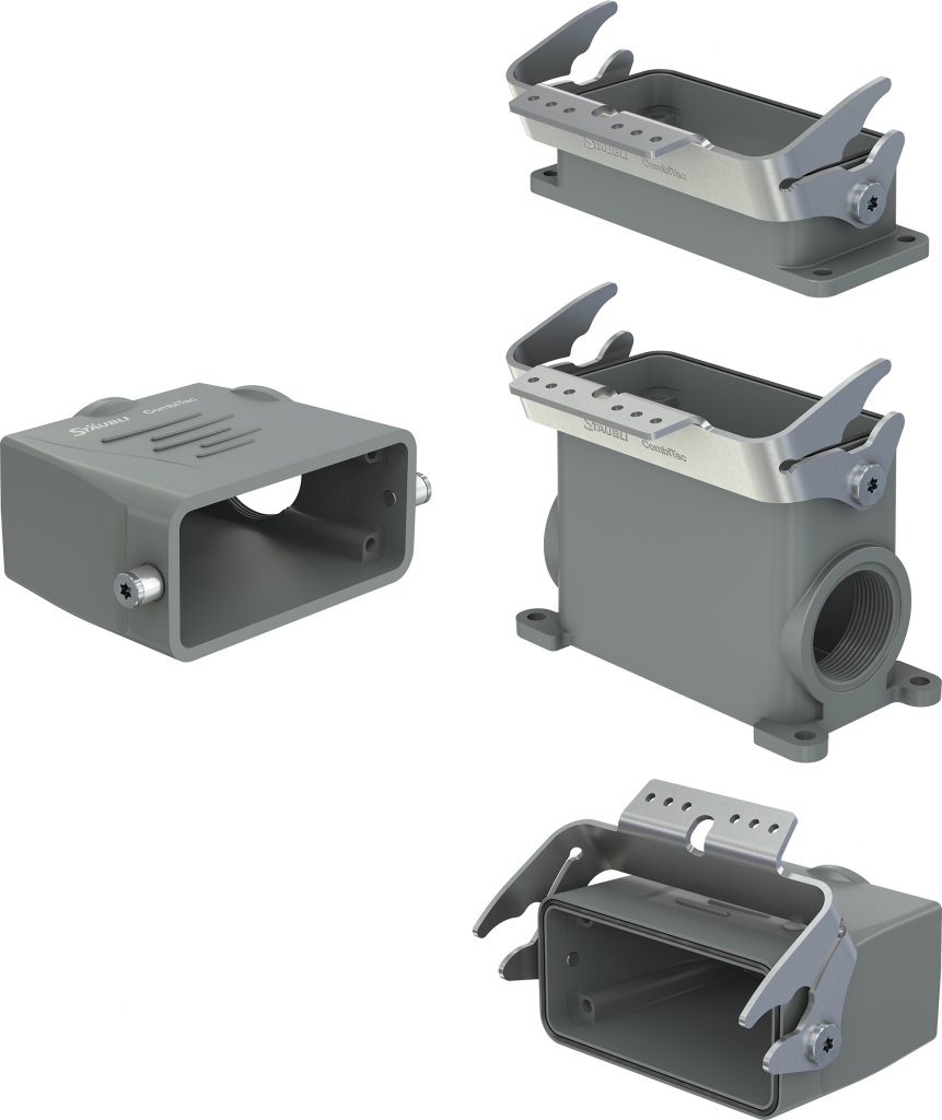 Werkzeuglos per Hand montierbar 4 Neue CombiTac DIN-Gehäuse in der Standardfarbe Grau: links Tüllengehäuse, rechts Anbau-, Sockel- und Kupplungsgehäuse