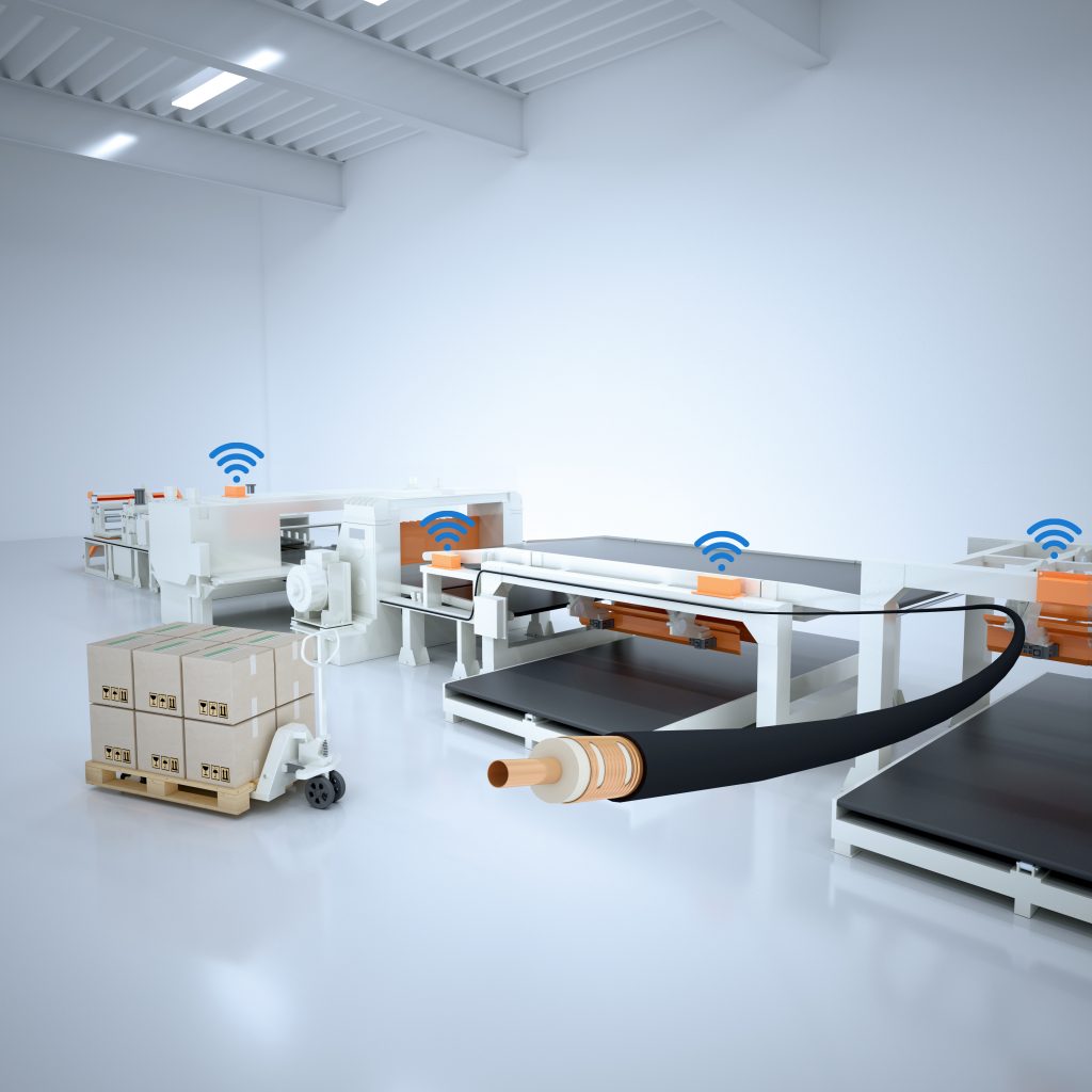 Strahlende Kabel und die Zukunft 2 Mit nur einem strahlenden Kabel können mehrere Funkfrequenzen gleichzeitig übertragen werden. Das Funkfeld wird entlang des Kabels abgestrahlt. So wird für jeden Netzteilnehmer (Sensor, Kamera, Scanner etc.) eine stabile Kommunikation gesichert.