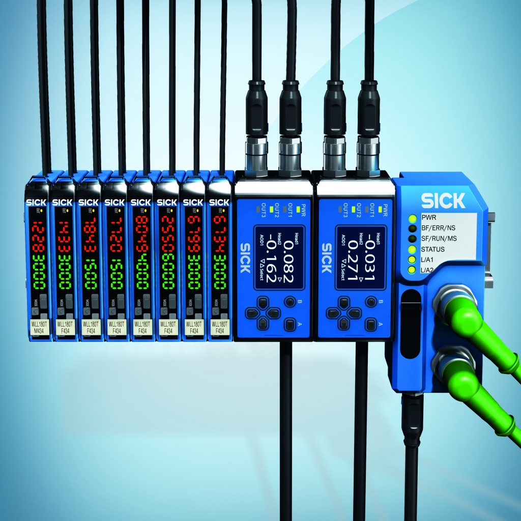 Lichtleiter-Sensorik 3 Bei den Gateways der Produktfamilie WI180C können bis zu 16 Lichtleiter-, Kontrast- und Displacementsensoren – auch im gemischten Betrieb – per Rückwandbus aneinander gesteckt und durch das gleiche Prinzip mit dem Kommunikationsmodul verbunden werden.