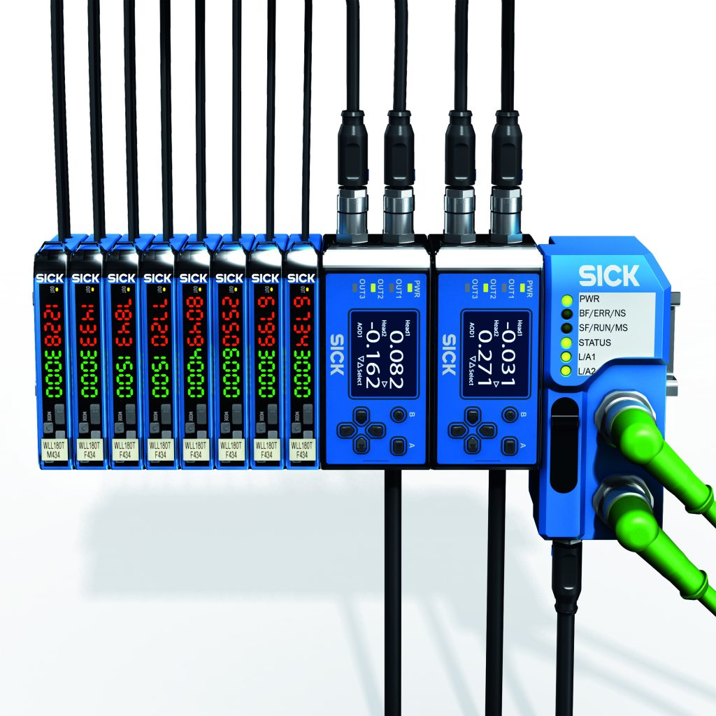 Lichtleiter-Sensorik 4 Bei den Gateways der Produktfamilie WI180C können bis zu 16 Lichtleiter-, Kontrast- und Displacementsensoren – auch im gemischten Betrieb – per Rückwandbus aneinander gesteckt und durch das gleiche Prinzip mit dem Kommunikationsmodul verbunden werden.