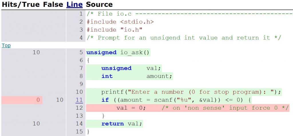 Testabdeckung bei kleinen Targets 2 Testwell CTC++ Report mit Coverage-Informationen im Quellcode.