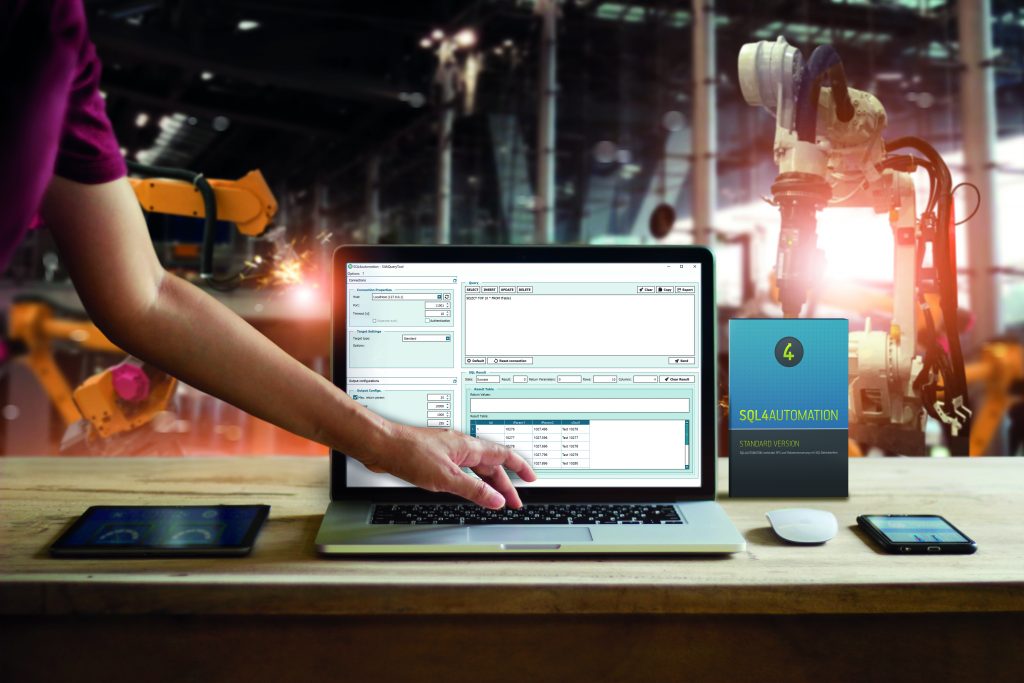 Direkt von der SPS in die Datenbank - und zurück 1 Engineer touching laptop check and control welding robotics automatic arms machine in intelligent factory automotive industrial with monitoring system software. Digital manufacturing operation.Industry 4.0