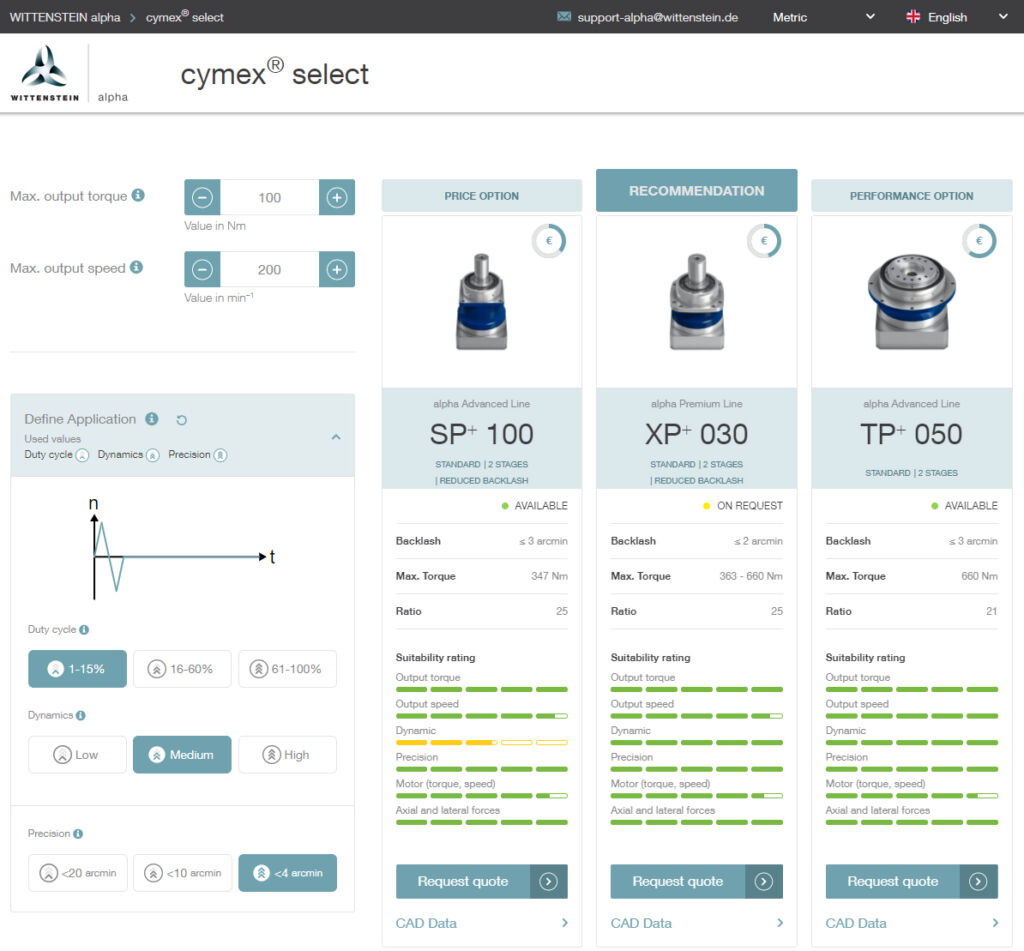 Schnellauslegungstool findet Antriebslösung 1 03 wittenstein cymex select en