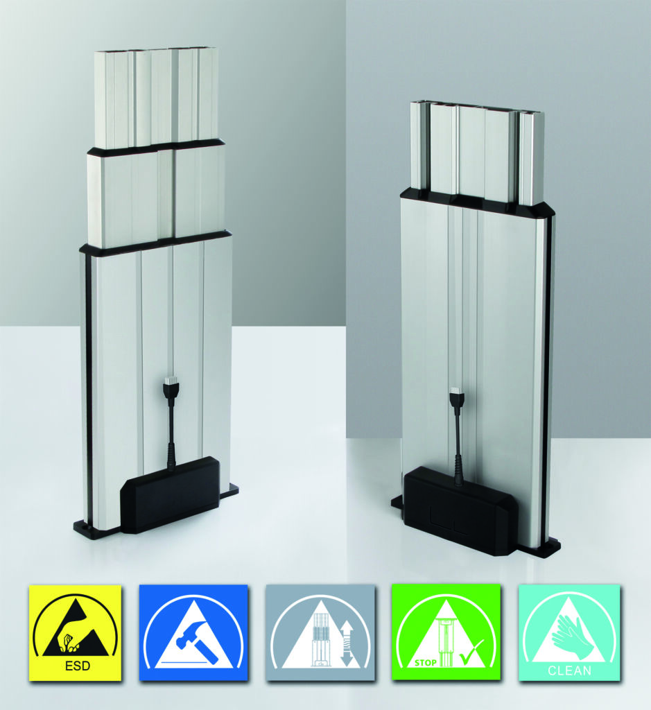 Chance für bessere Montage 1 Zur Multilift-II-Produktfamilie gehören neben der zweistufigen Standardvariante und der teleskopierenden Ausführung auch der Multilift II impact mit integriertem Dämpfungssystem und der Multilift II ESD mit elektrisch leitfähig verbundenen Profilen sowie der Multilift II clean für Reinraumanwendungen und der Multilift II safety mit integrierter Absturzsicherung für Überkopfanwendungen.