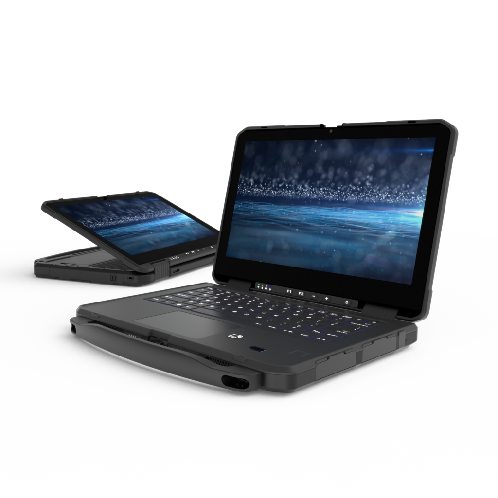 Fully Rugged Laptop- und Tablet in einem Gerät 2 Mit seinem innovativen Flip-Design beschreitet der Heavy Duty Laptop neue Wege im Segment des Mobile Industrial Computing: Durch einfaches Schwenken des Displays um 360° wird aus dem Heavy Duty Laptop ein Rugged Industrial Tablet PC. Dabei wechselt der Ei