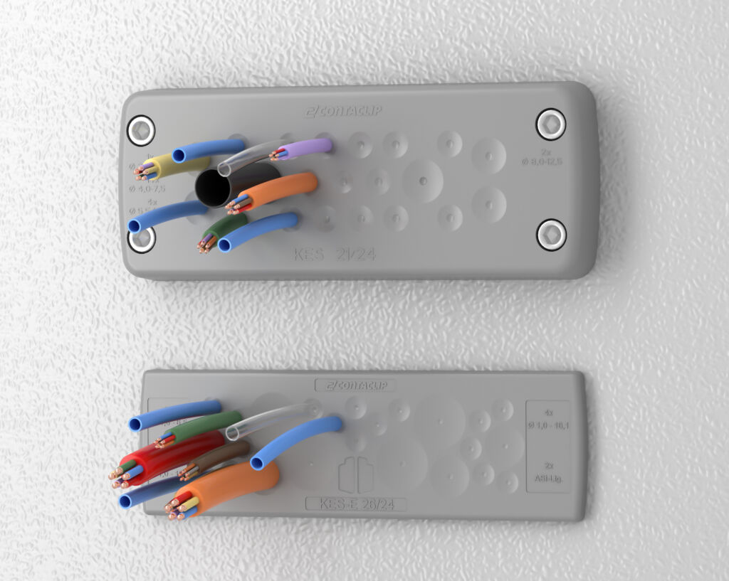 Variables Kabelmanagement von allen Seiten 2 KES und die neueste Variante KES-E zur schraubenlosen Montage für die schnelle, einfache Einführung unkonfektionierter Leiter mit hoher Packungsdichte