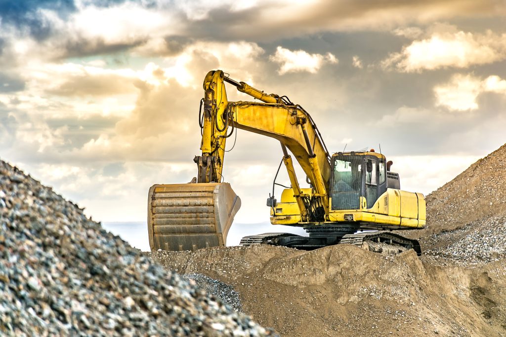 Erschwerte Bedingungen 1 Excavator on the road construction works. Machinery needed for c
