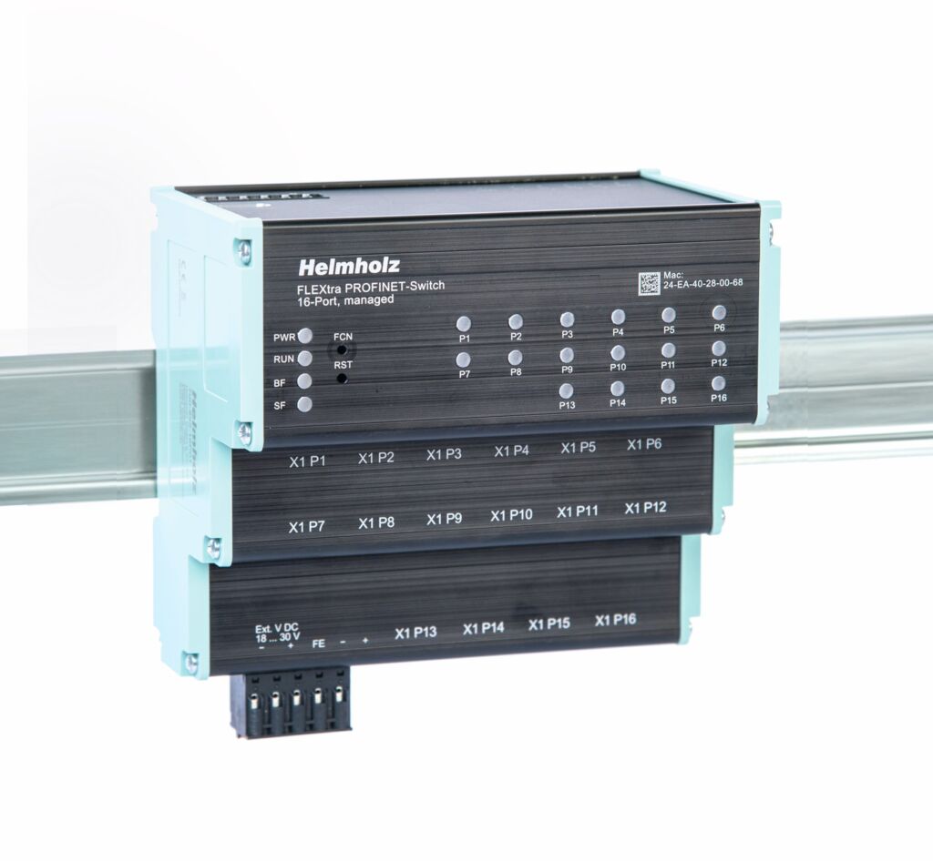 Für jedes Netzwerk der richtige Switch 3 Mit dem Managed Flextra Profinet-Switch können sowohl Profinet-Komponenten mit 100MBit/s als auch Ethernet-Teilnehmer mit bis zu 1.000MBit/s - wahlweise auch über SFP Glasfaser - vernetzt werden.