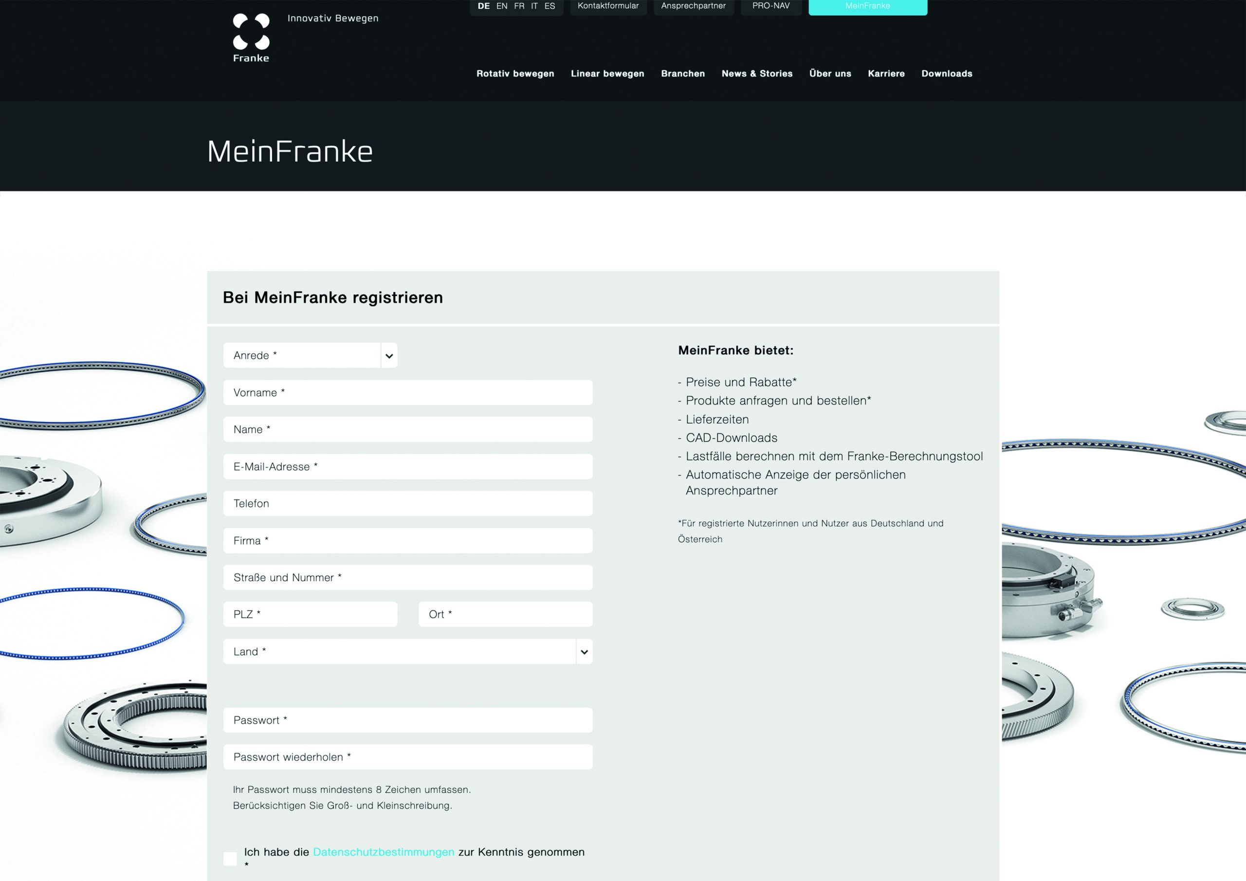 Franke-Kundenportal für Drahtwälzlager und Linearsysteme