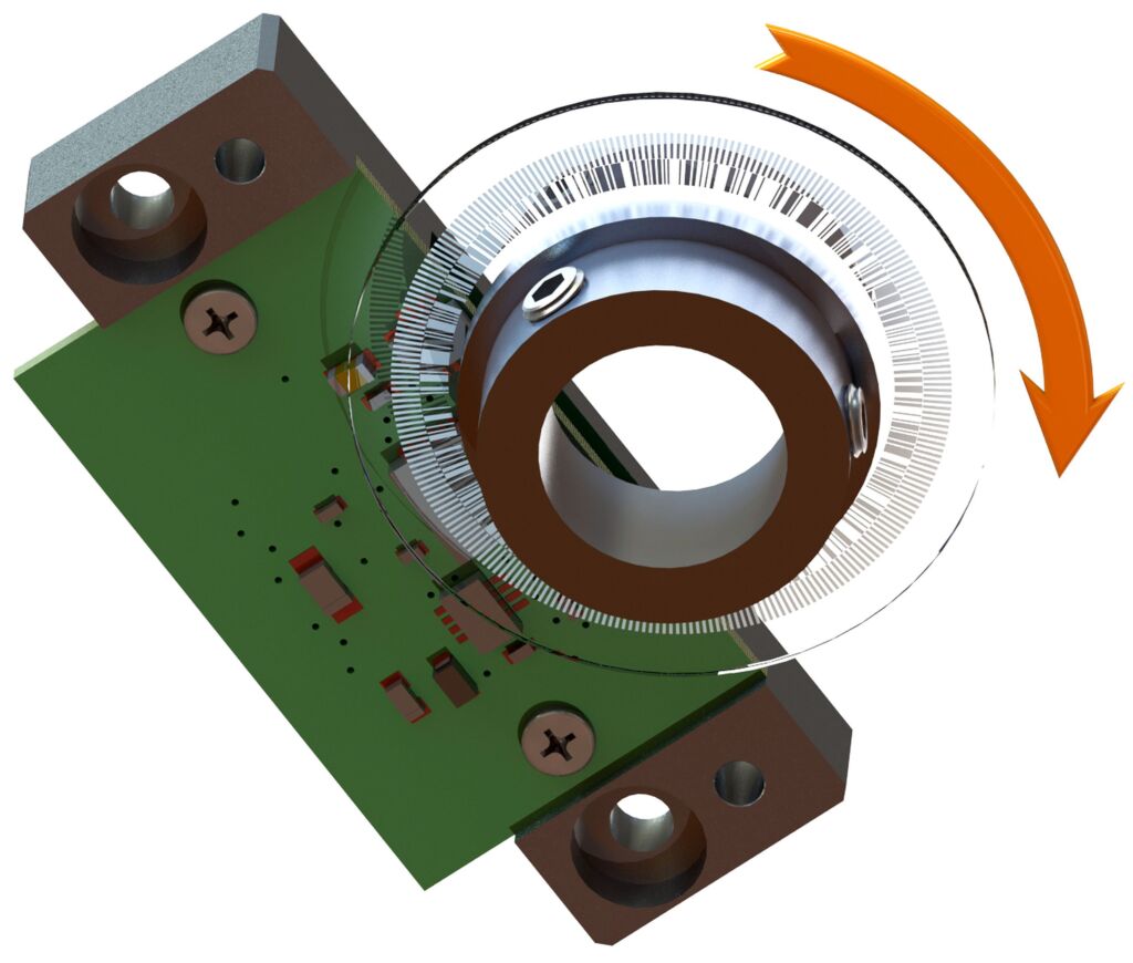 Optischer 18Bit-Geber für durchgehende Hohlwellen 1 Das einbaufertige Drehgeber-Kit ABG 26 von PWB encoders ist ein lagerloses Absolutwertgeber-System mit optischer Abtastung, runden Codescheiben und Montageflanschen. Es ist für die Anbringung an Hohlwellen mit Innendurchmessern von 10, 30 oder 100mm ausgelegt.
